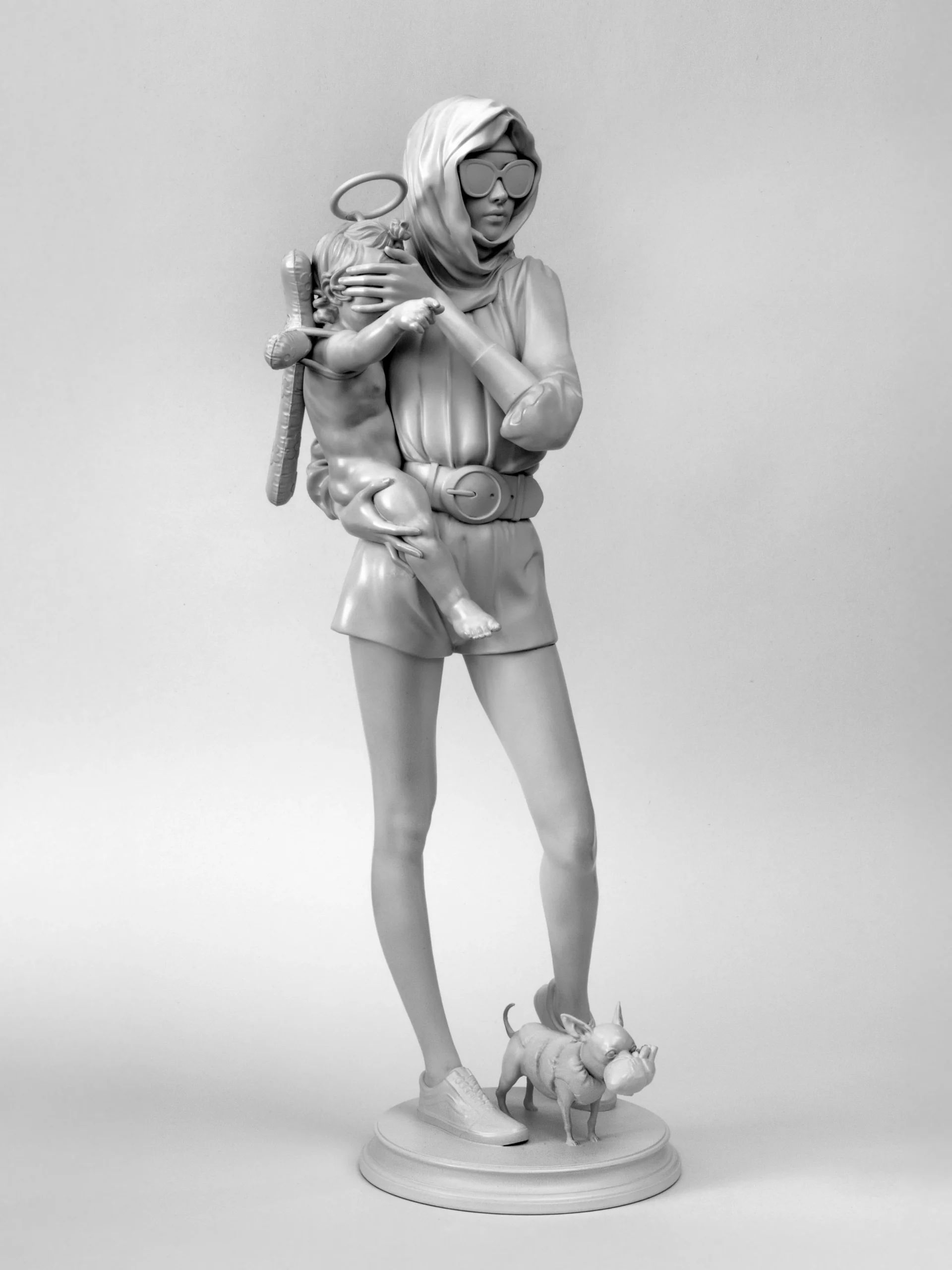 Madonna, 2024. Monochrome sculpture of a woman holding a haloed child with a pig at her feet.