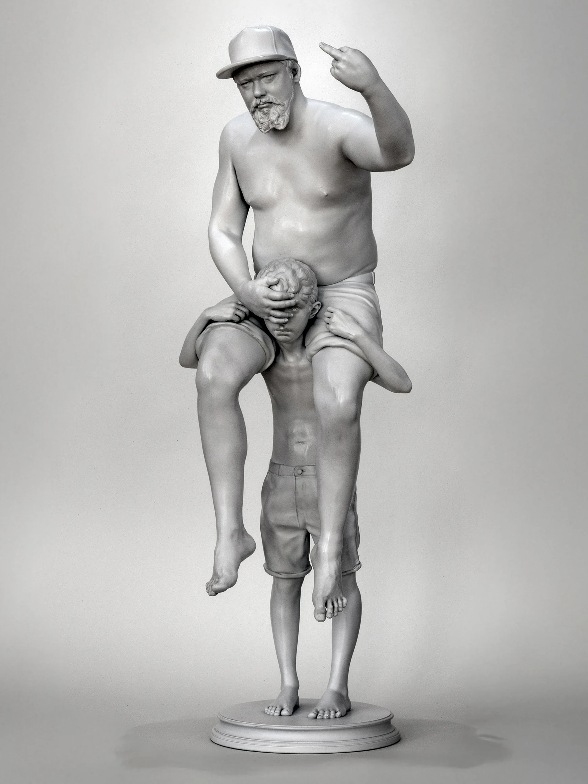 Me, 2024 Me, 2024. Monochrome sculpture of an adult seated on the shoulders of a child and covering the child's eyes.