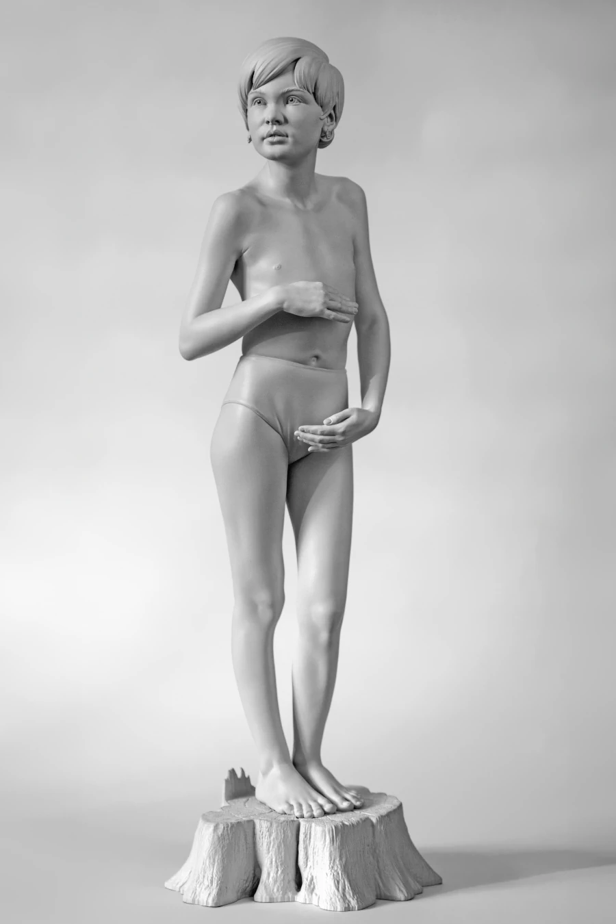 Mom, 2024. Monochrome sculpture of a standing figure on a tree stump.