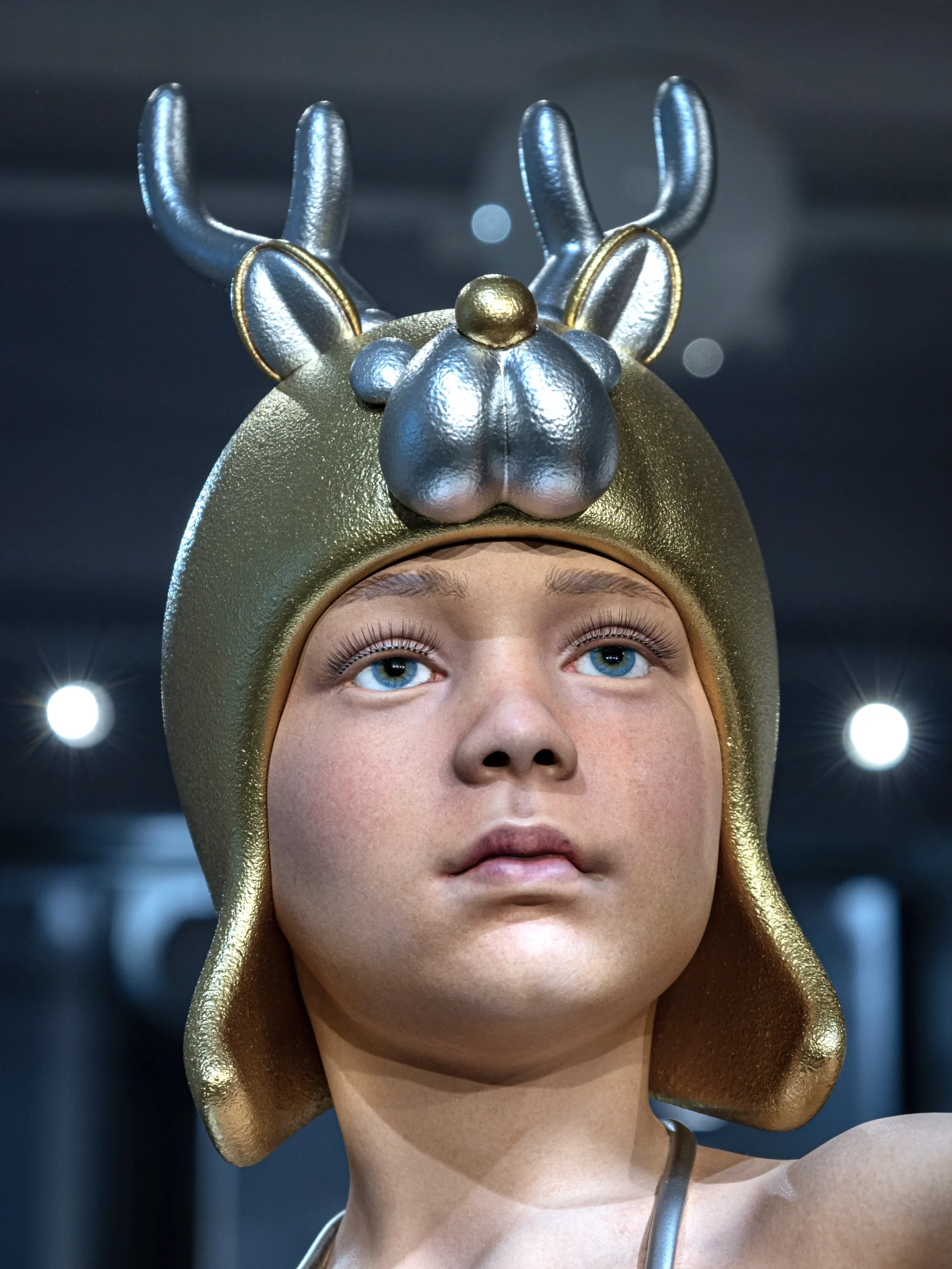 In the Shadow of Love — Portrait Detail — Daniel Paul Portrait detail of Daniel Paul’s In the Shadow of Love sculpture showing the child figure wearing a gold animal helmet