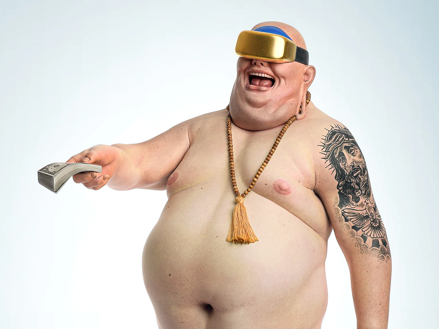 His Holiness, 2020 — Detail with Money His Holiness, 2020 — detail with money, gilded VR glasses and tattoo
